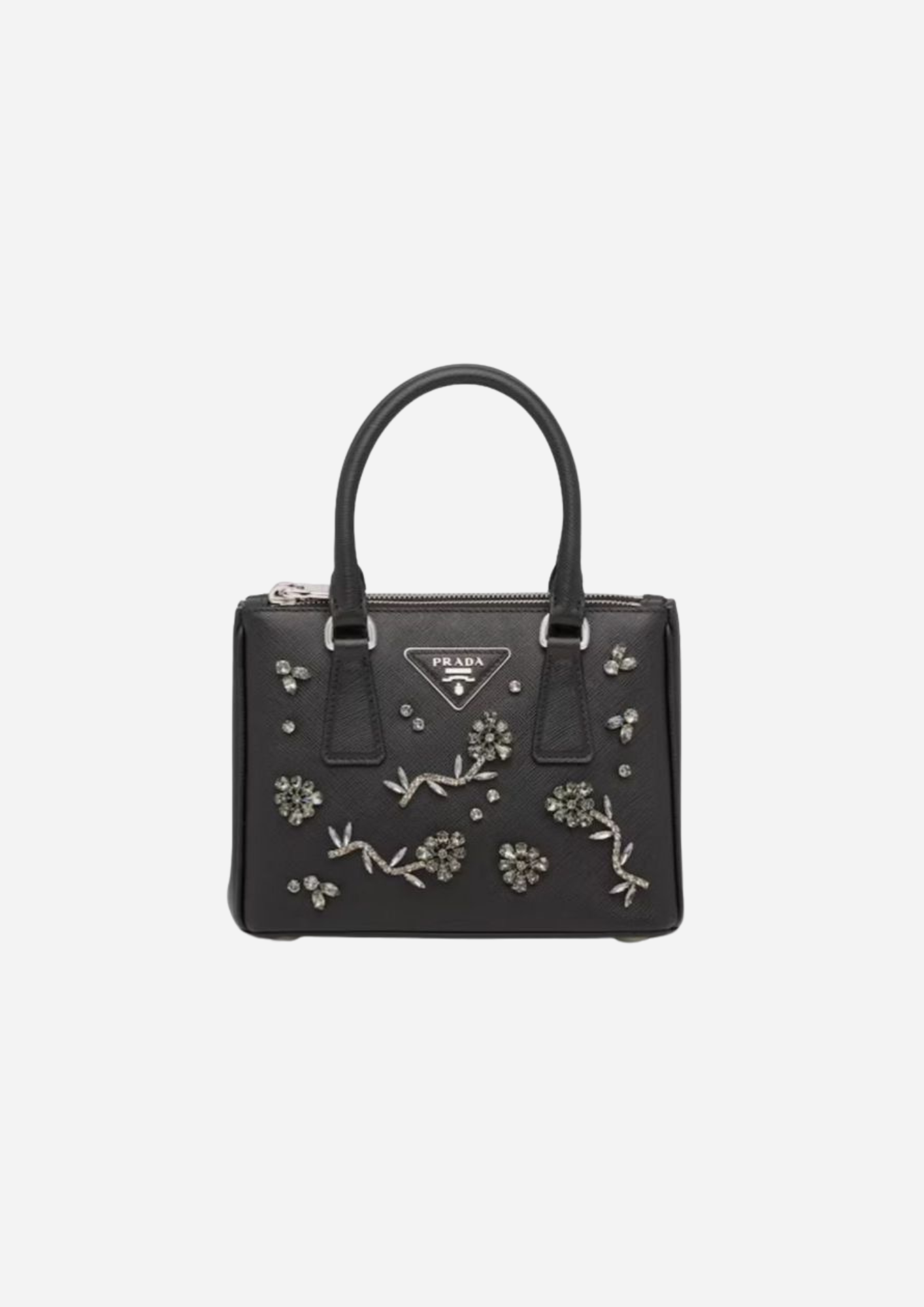 PRADA GALLERIA MINI-TASCHE AUS SCHWARZEM SAFFIANOLEDER MIT KRISTALLEN
