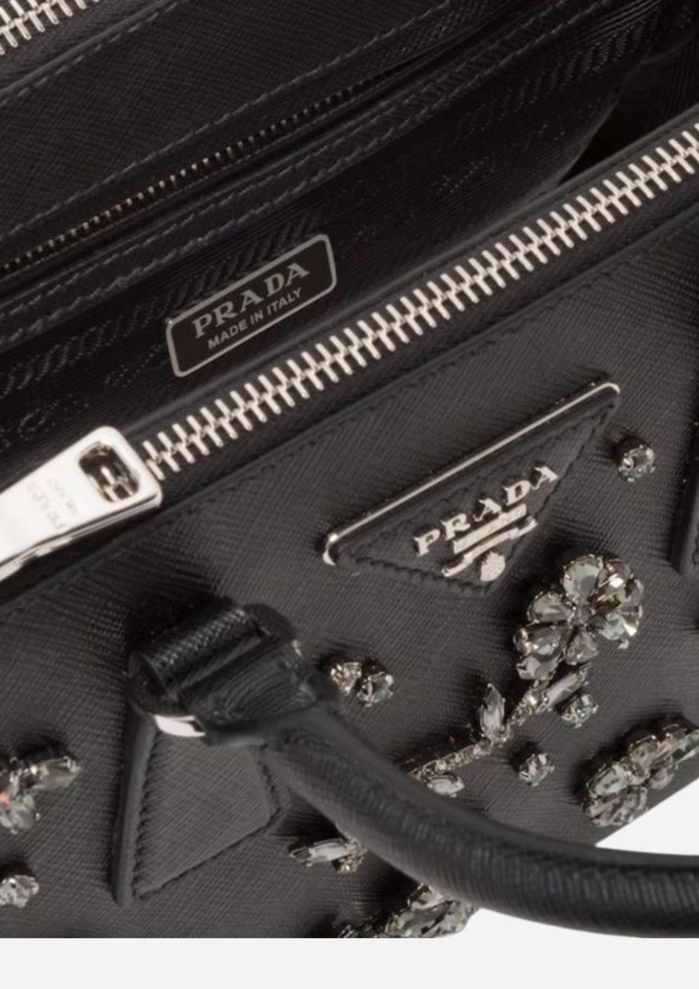 PRADA GALLERIA MINI-TASCHE AUS SCHWARZEM SAFFIANOLEDER MIT KRISTALLEN