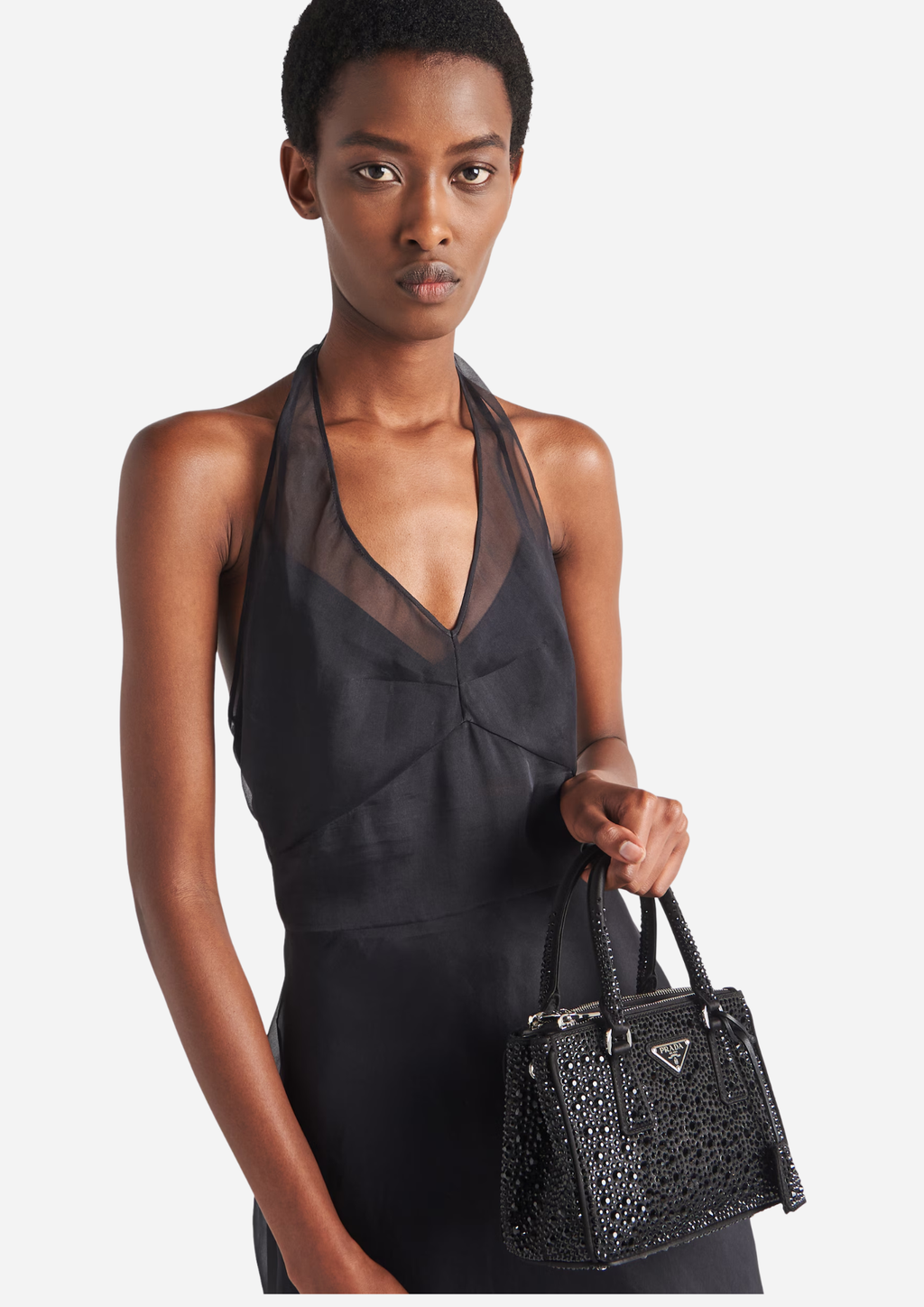 Prada Borsa Galleria Mini in Raso con Cristalli Neri