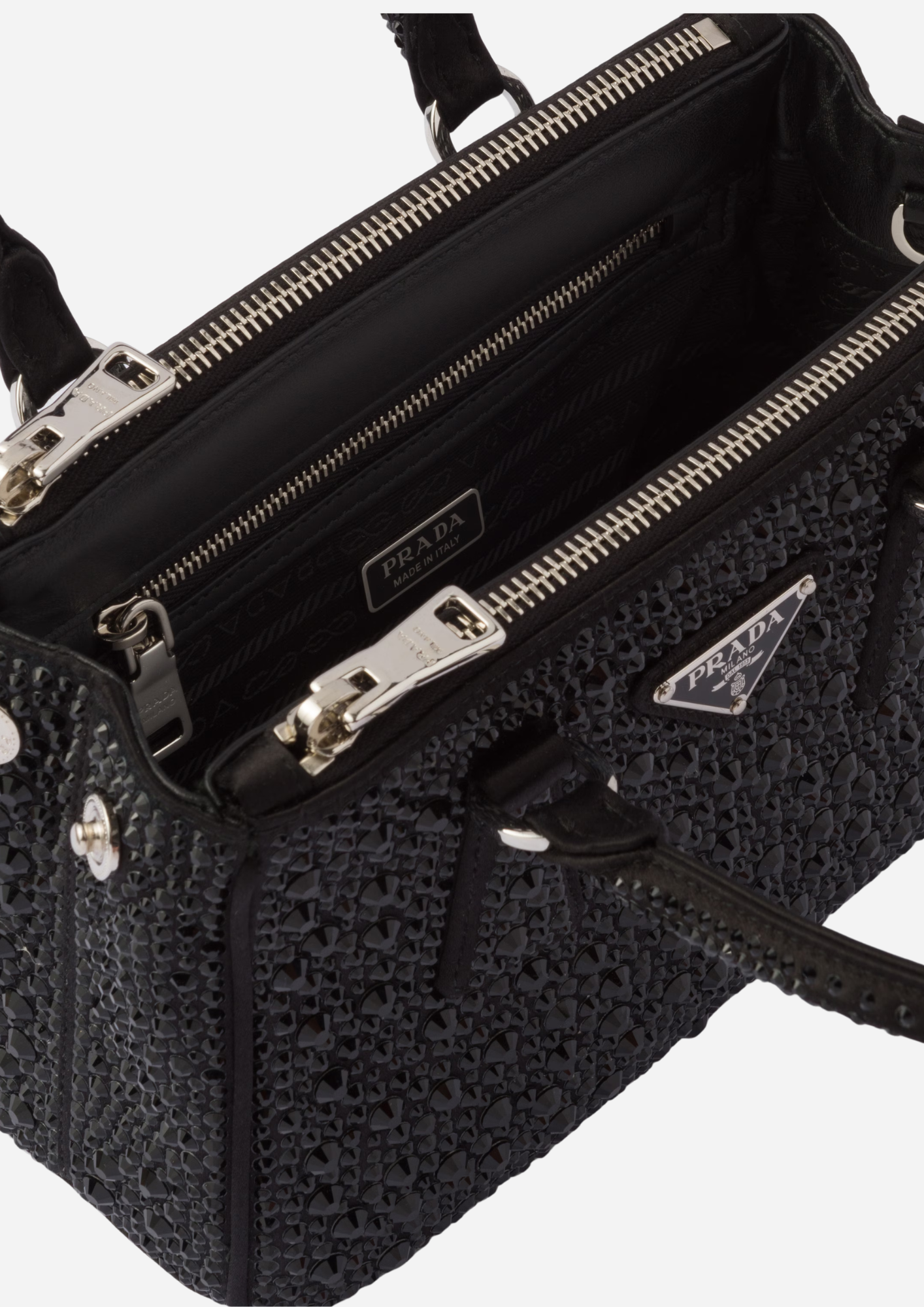 Prada Borsa Galleria Mini in Raso con Cristalli Neri