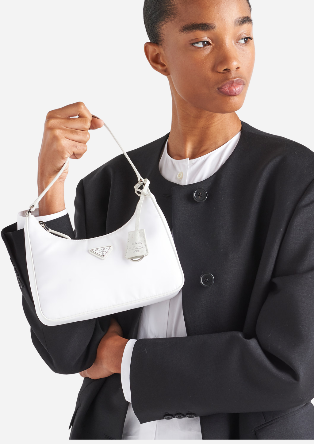Prada Borsa Mini Re-Edition 2005 in Re-Nylon e Saffiano Bianca