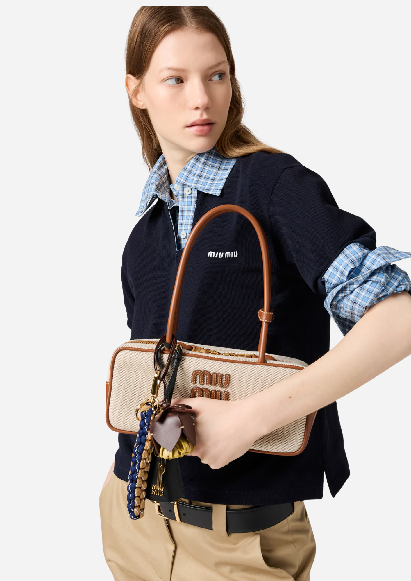 Miu Miu Borsa Beau Small in Canvas e Pelle Beige