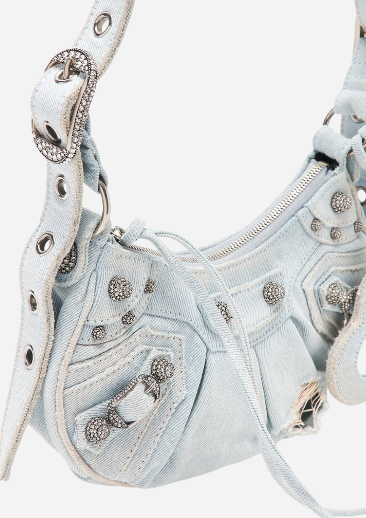 Balenciaga Le Cagole XS Denim Blu con Cristalli e Specchietto Cuore