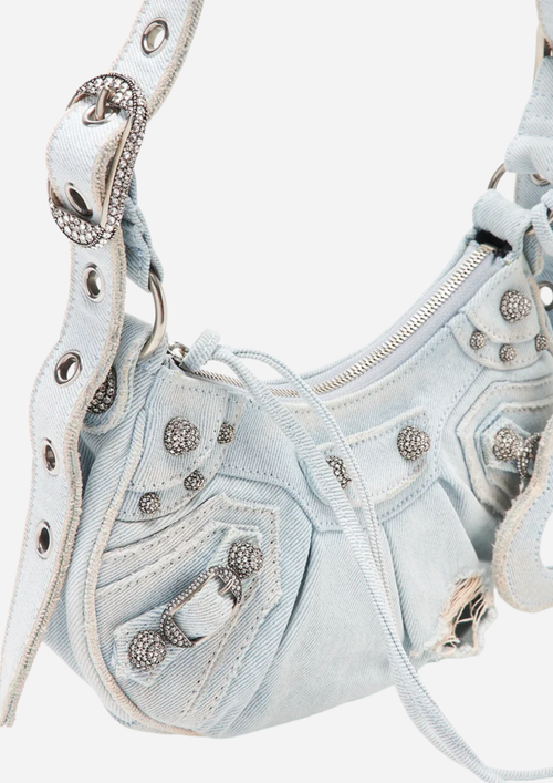 Balenciaga Le Cagole XS Denim Blu con Cristalli e Specchietto Cuore