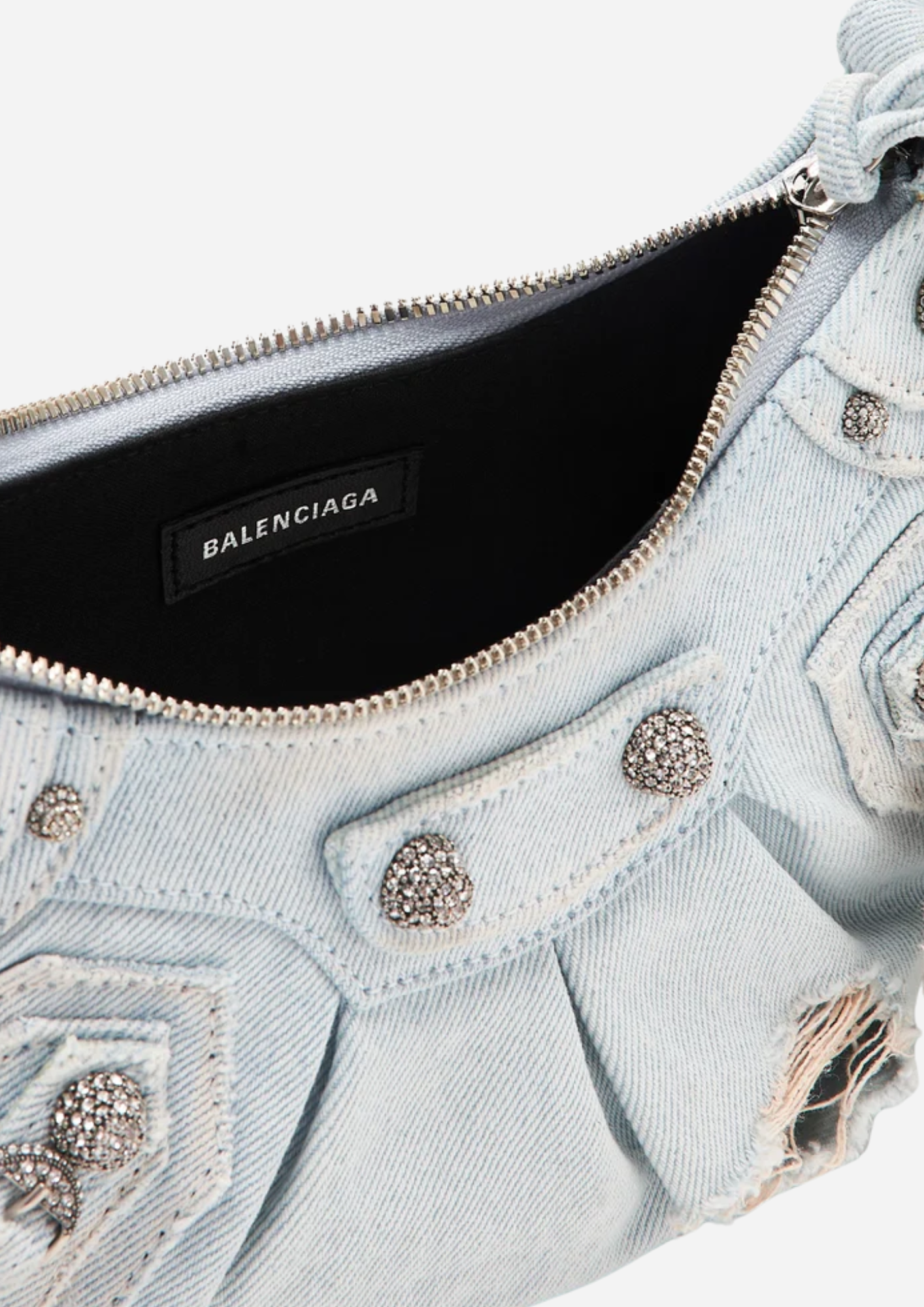 Balenciaga Le Cagole XS Denim Blu con Cristalli e Specchietto Cuore
