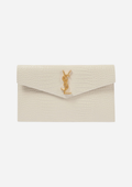 Saint Laurent Pochette Uptown Bianca in Pelle Lucida Effetto Coccodrillo, vista frontale