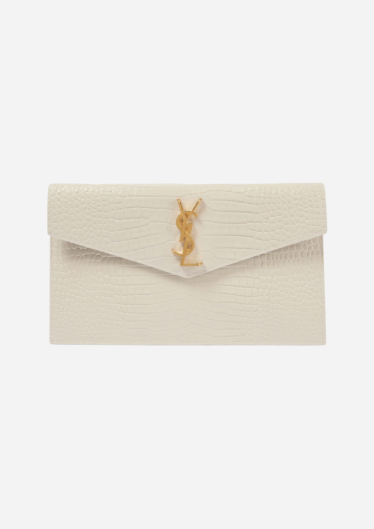 Saint Laurent Pochette Uptown Bianca in Pelle Lucida Effetto Coccodrillo, vista frontale