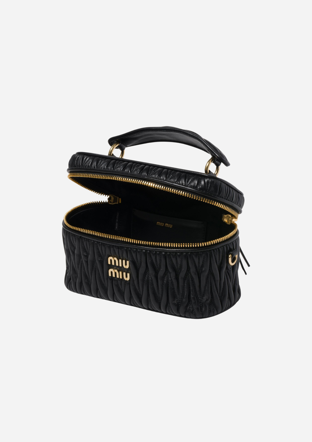 Miu Miu Vanity Bag Nera in Nappa Matelassé, vista a tre quarti