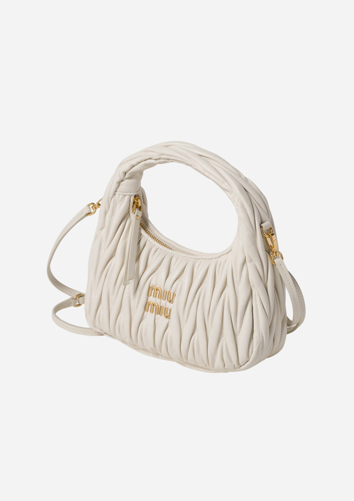 Miu Miu Wander Hobo Piccola Bianca in Nappa Matelassé, indossata